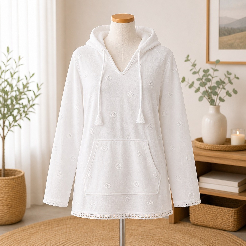 White‎ Floral Embroidered Hoodie with Crochet Lace Trim Hem V-Neck Sweatshirt